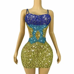 Sparkly Full Colourful Rhinestones Backless Supenders Dress Women Sexy Nightclub Party Outfit Show Stage Performance Costume