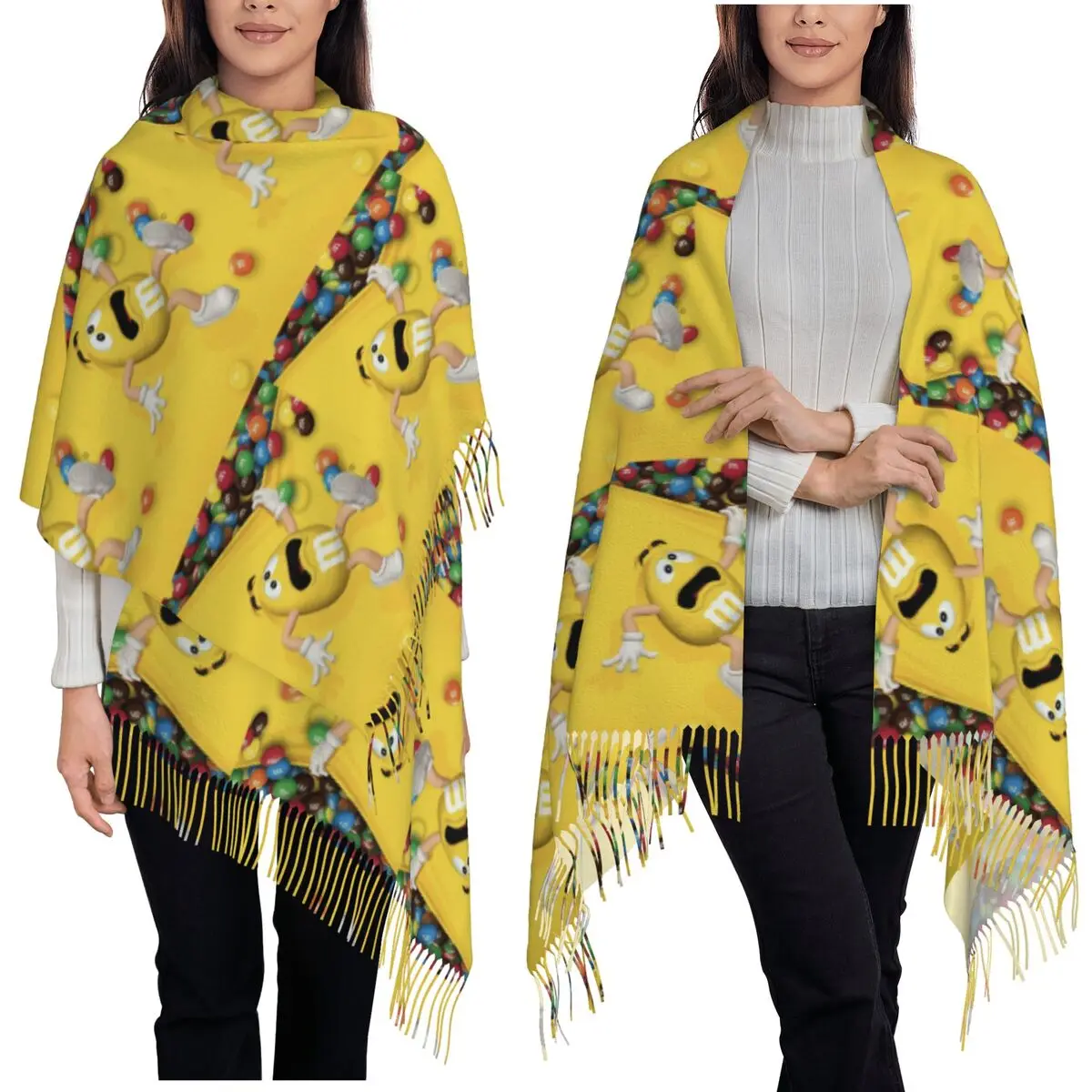 

Конфеты M и M Шоколадный мем Шарф Шарфы с кисточками Женские мягкие теплые шали и накидки Длинная осенне-зимняя шаль