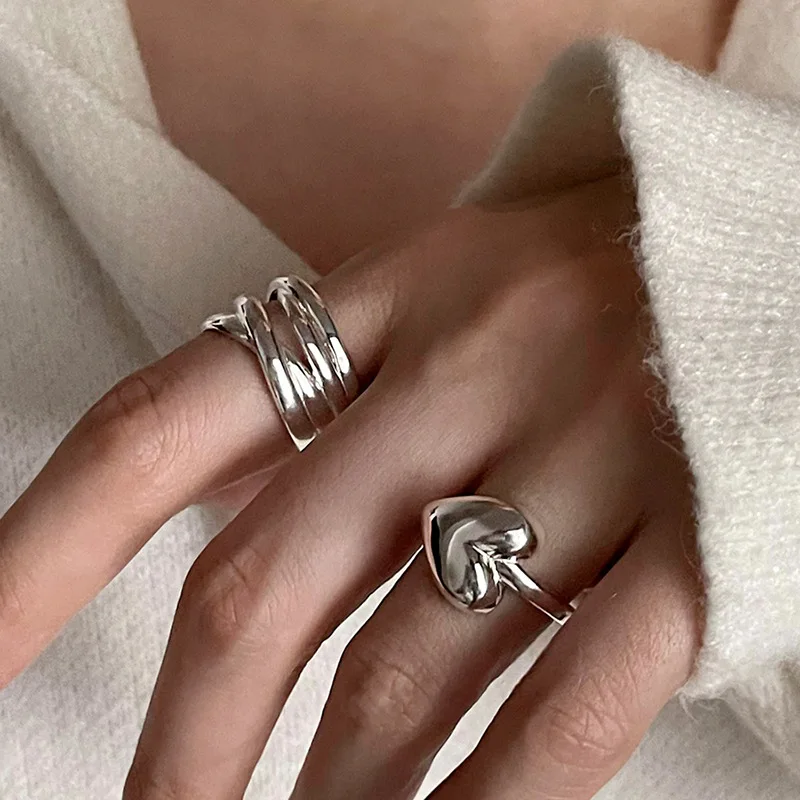 

925 Silver Open Finger Ring Heart Multilayer Irregular Punk Geometric Stackable For Women Girl Jewelry Gift Dropship Wholesale