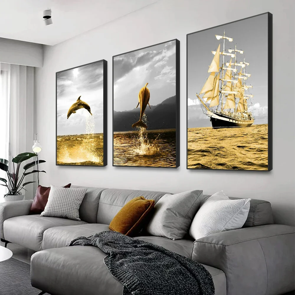 Golden Boat Jumping Dolphin Wall Art Canvas Prints Gold Sea Landscape Modern Living Room Wall Decoration Painting For Home De