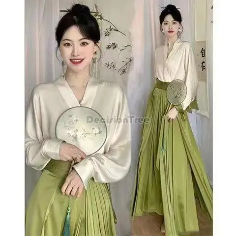 2025 novo vestido estilo chinês melhorado dinastia ming hanfu estilo nacional saia longa plissada manga longa topo diário conjunto de duas peças