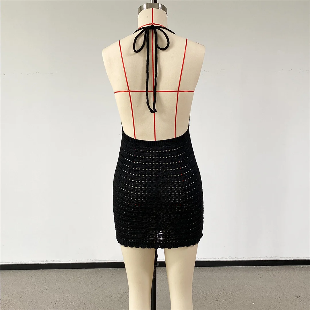 V-Ausschnitt, halterneck, rückenfrei, einfarbig, gehäkelt, gestrickt, Tunika, Strand-Überwurf, Strandkleid, Strandmode, Damen, V8374 – Detail 16