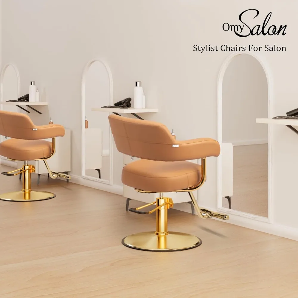 كراسي حلاقة OmySalon لكرسي تصفيف الشعر باللونين البني والذهبي، كرسي صالون لمصفف الشعر مضخة هيدروليكية شديدة التحمل، 360 درجة ° #3