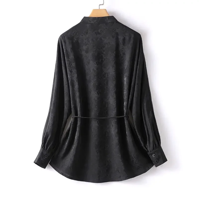 Blouse Women Chinese Style Yarn Silk Woman Shirts Long Sleeve Lace Up Black Jacquard Vintage Tops Versatile