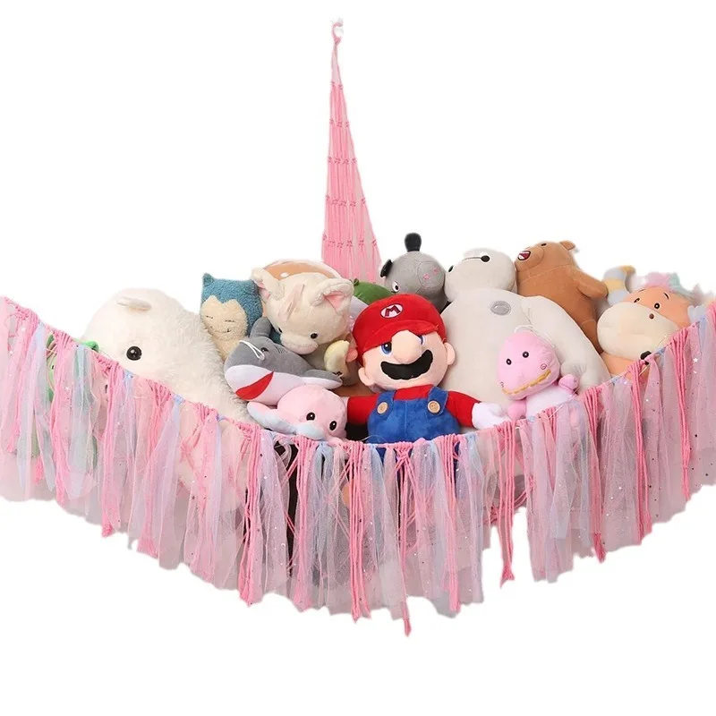 綿ロープ三角おもちゃネットポケット、手織りカラーリボン綿ロープ収納ネットポケット