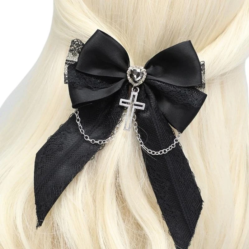 

652F Punk Hair Clip Crossed Hairpin Anime Barrettes 2000s Lace Bowknot Ponytail Hair Holder Hair Decors Halloween Theme Props