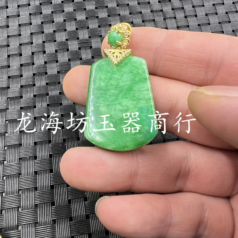 Emerald Green Dry Green No Word Brand Jade Pendant White Background Green Trapezoidal Diamond-Embedded Jade Brand Ziyang Green P