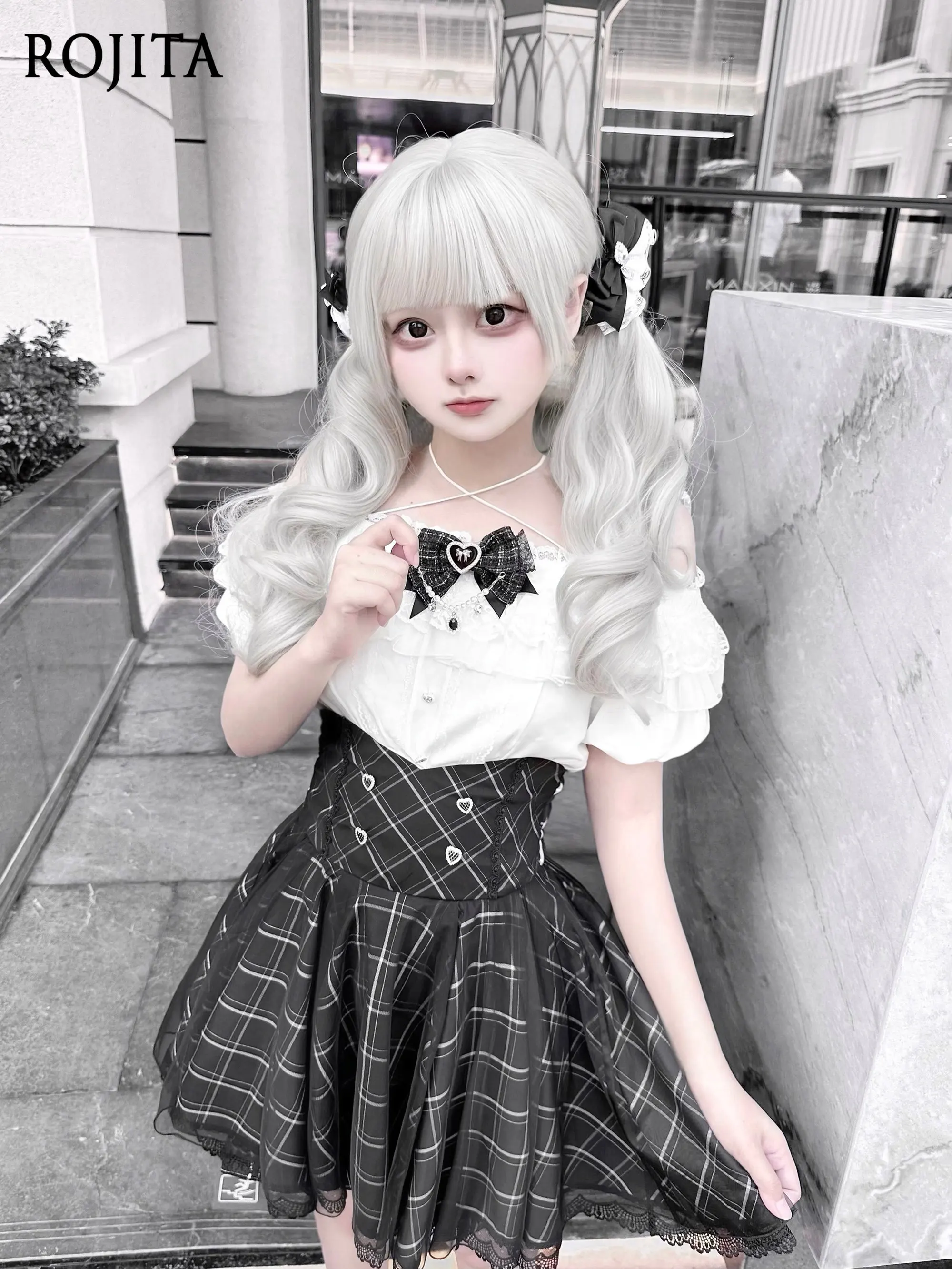 Jirai Kei Style Set Off-Shoulder Ruffle Blouse Mass-produced Japanese Subculture Black and White Top Plaid Half Skirt