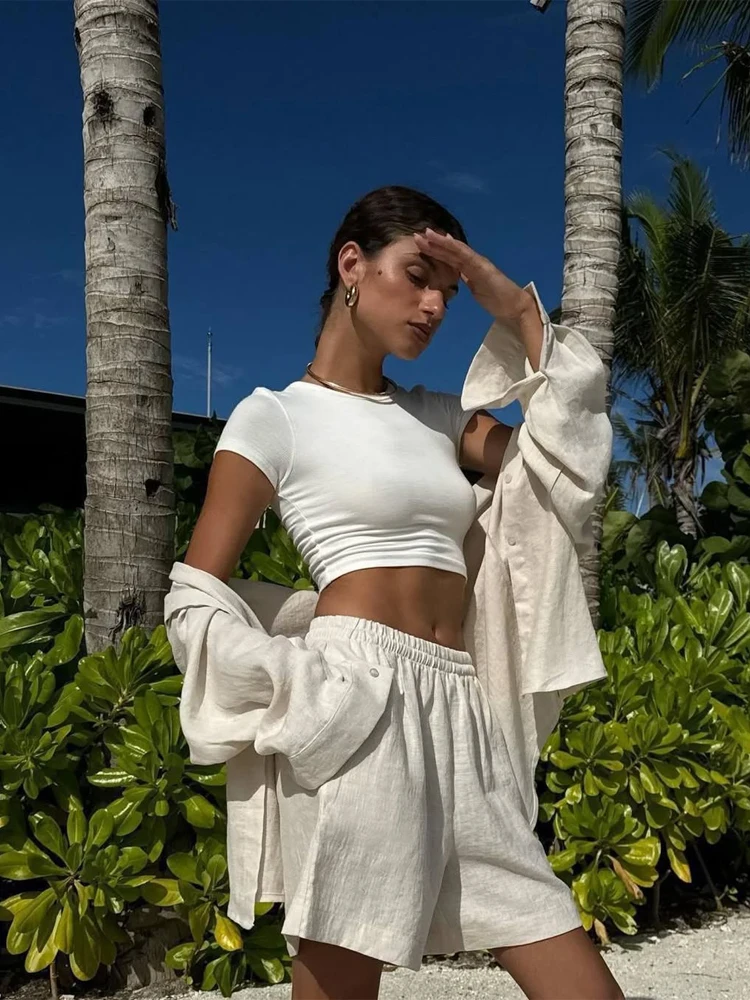 Solid High Waist Shorts Set Women Lapel V-neck Full Sleeve Single Breasted Loose Shirt Suit 2026 Lady Beach Party Street Outfit