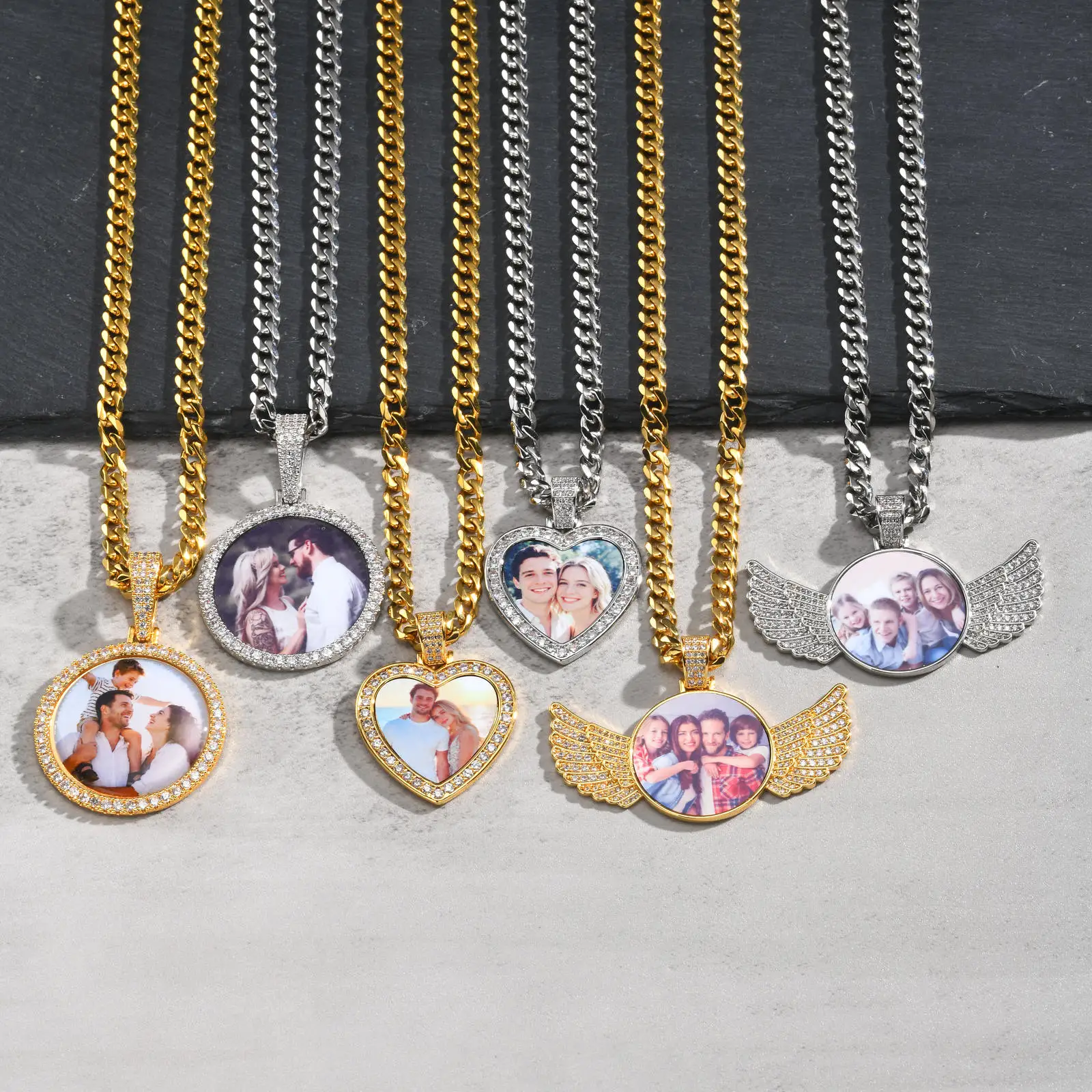Vnox Men Custom Photo Necklace, Copper CZ Iced Out Round Heart Wing Pendant Cuban Link Chain Personalized Memory Jewelry Gift