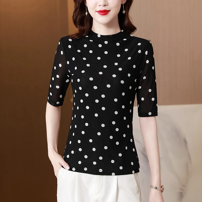 Spring Summer Women\'s Half-sleeved T-shirt Female Double-Layer Dot Mesh Tops Woman Vintage Simple Tees Shirt M-4XL