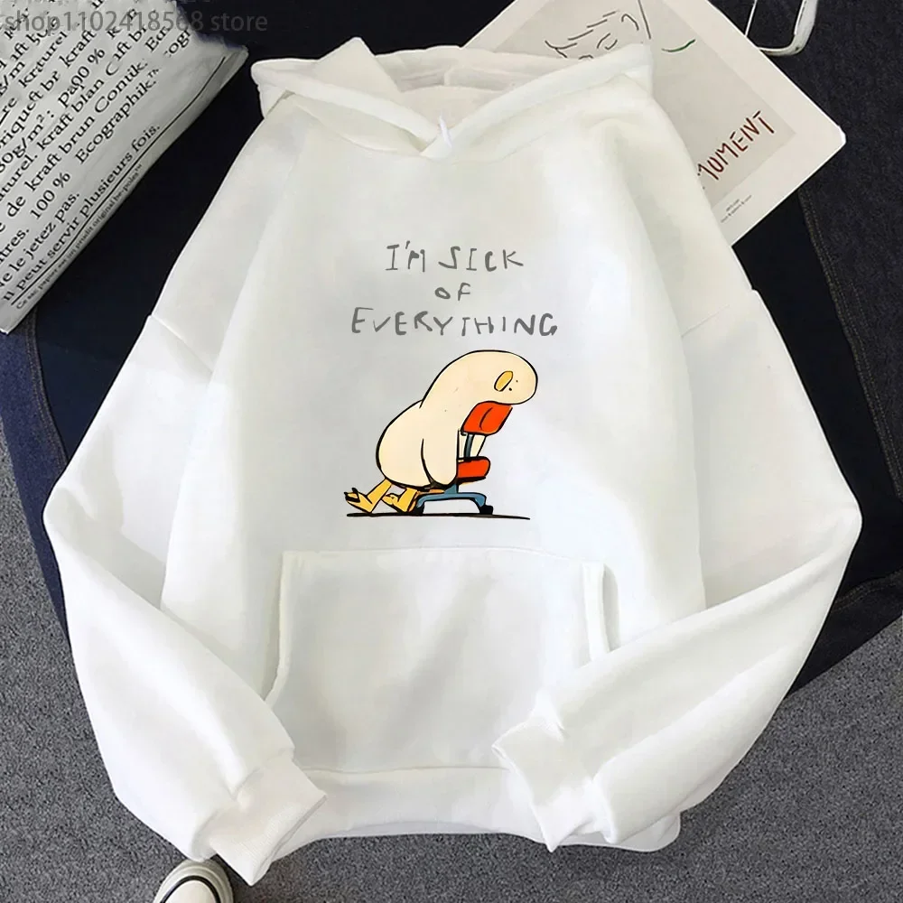 Duck I'm Sick of Everything Hoodies Cartoon Anime Graphic Sweatshirt with Hooded Long Sleeve Casual Y2k Sudadera Women/Men Tops