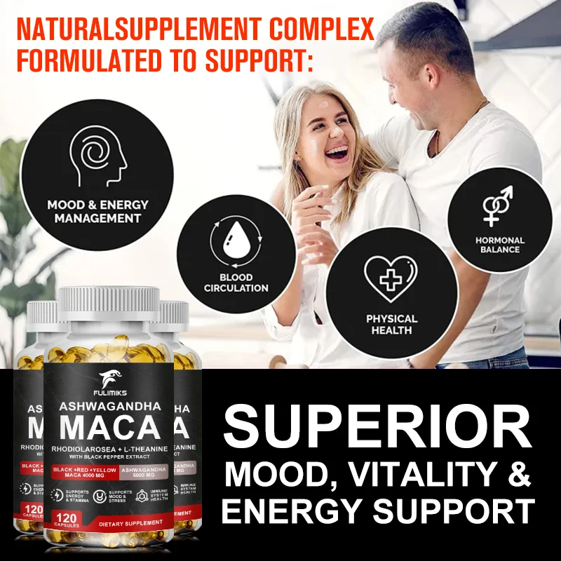 Natural Concentrated Extracts Black + Red + Yellow Maca Root, Korean Ginseng, Ashwagandha, Maca Root Capsules