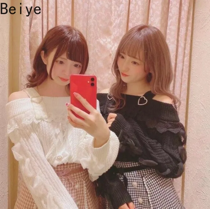 Off Shoulder Lace Sweet Sweaters for Women Japanese Style Girl Suspender Sexy Sweater Female Long Sleeve Knit Pullovers