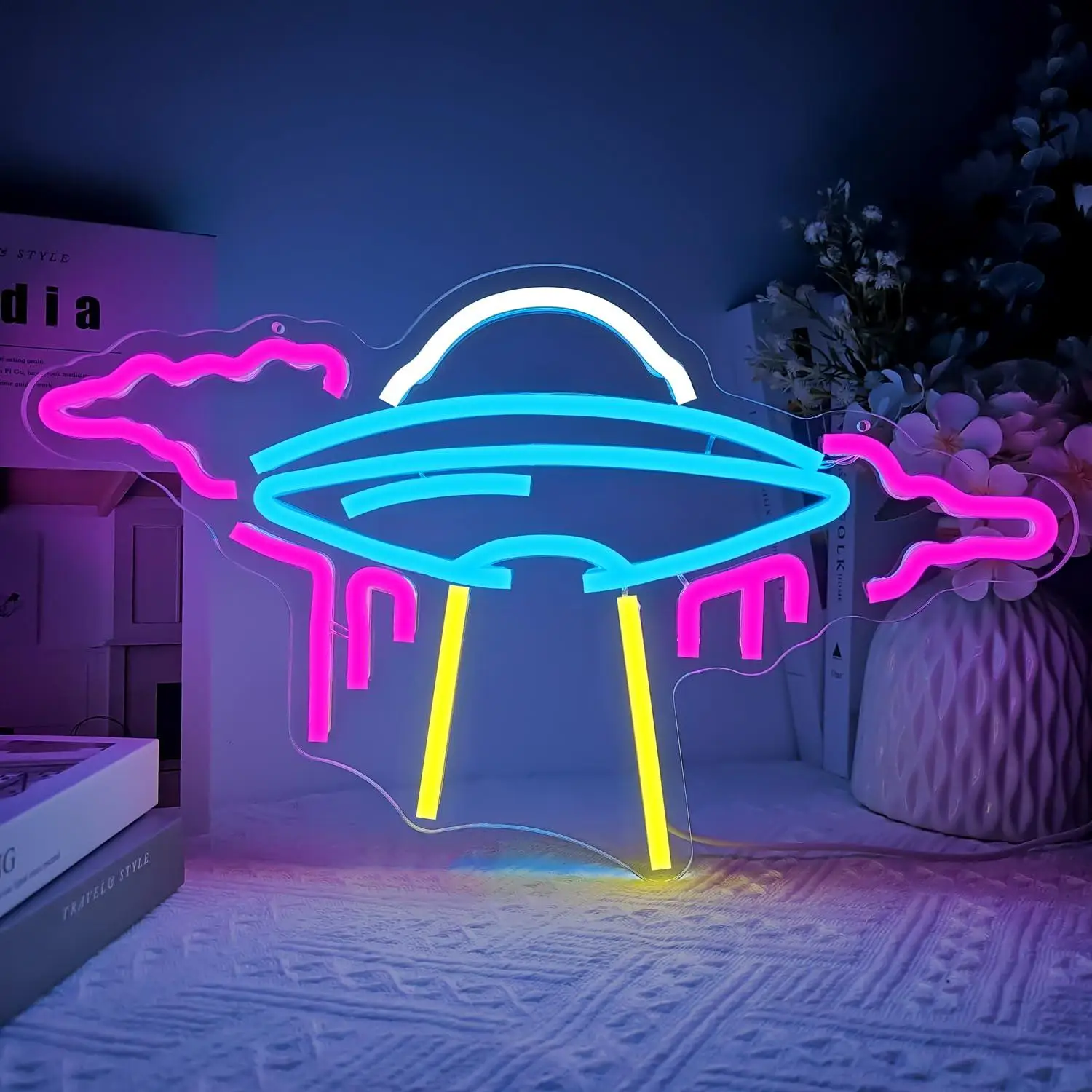 UFO Alien Spaceship Neon Sign USB Dimmable LED Light for Kids Bedroom Game Room Space Theme Wall Art Decorations Special Gifts