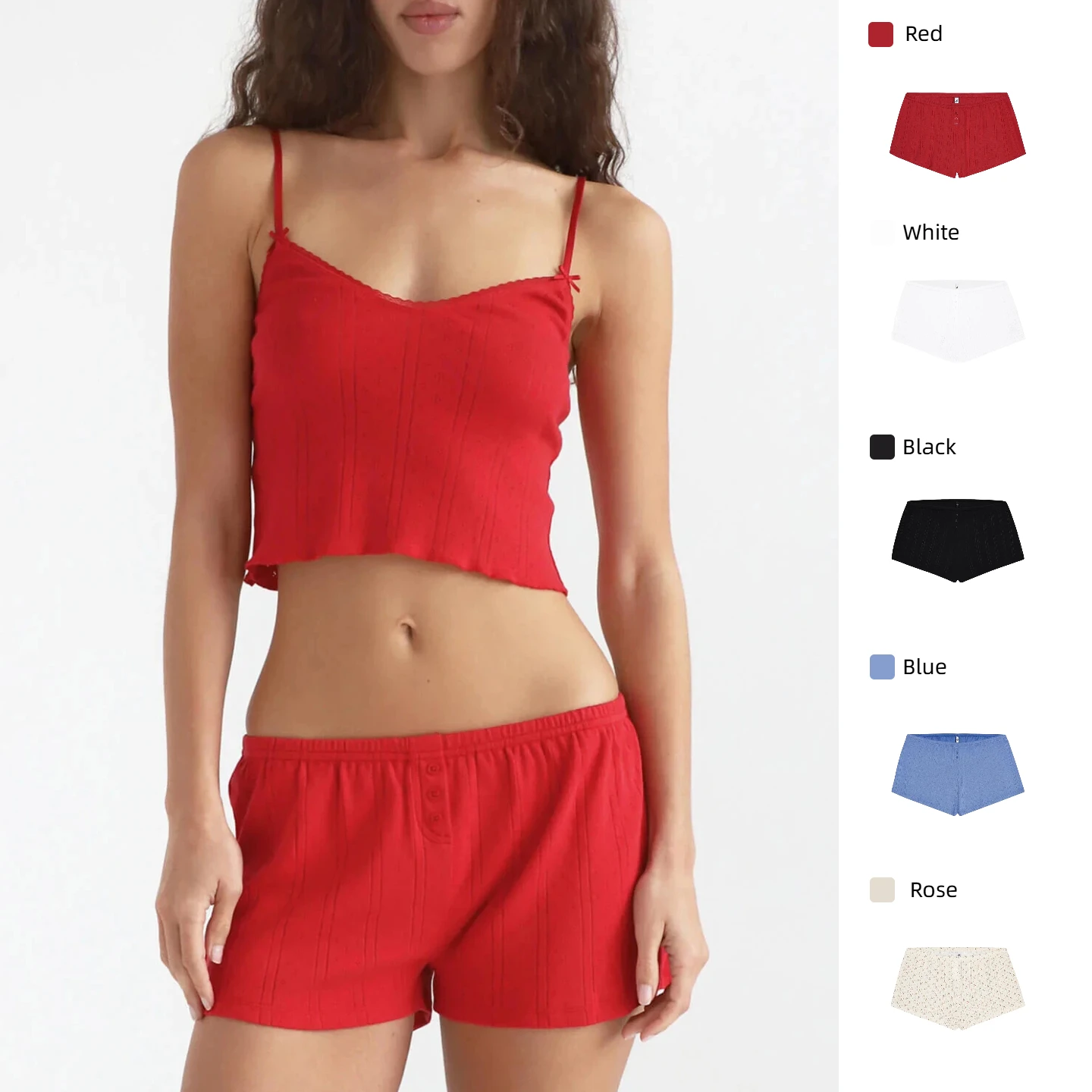 COU Red Lace Bow Hollowed-out Shorts - Versatile Pants for Home, Casual, and Commuter Use
