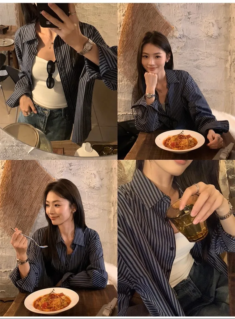 Vintage damesblouses Gestreepte shirts Mode Losse zomer Koreaanse kleding Chiffon damestops met lange mouwen