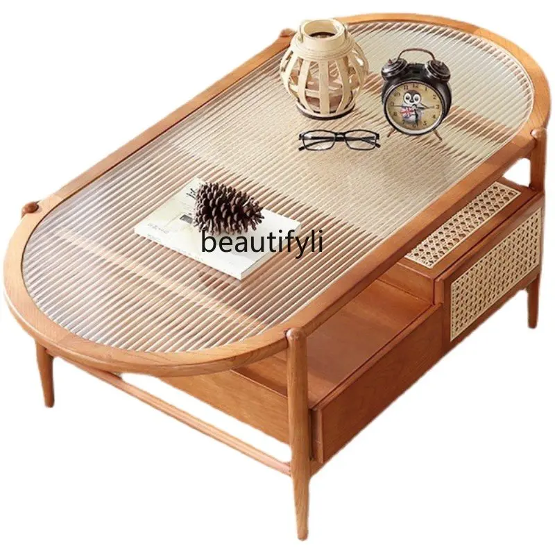 

Household Solid Wood Tea Table Rattan Double-Layer Small Apartment Glass Tea Table Log Rectangular Tea Table