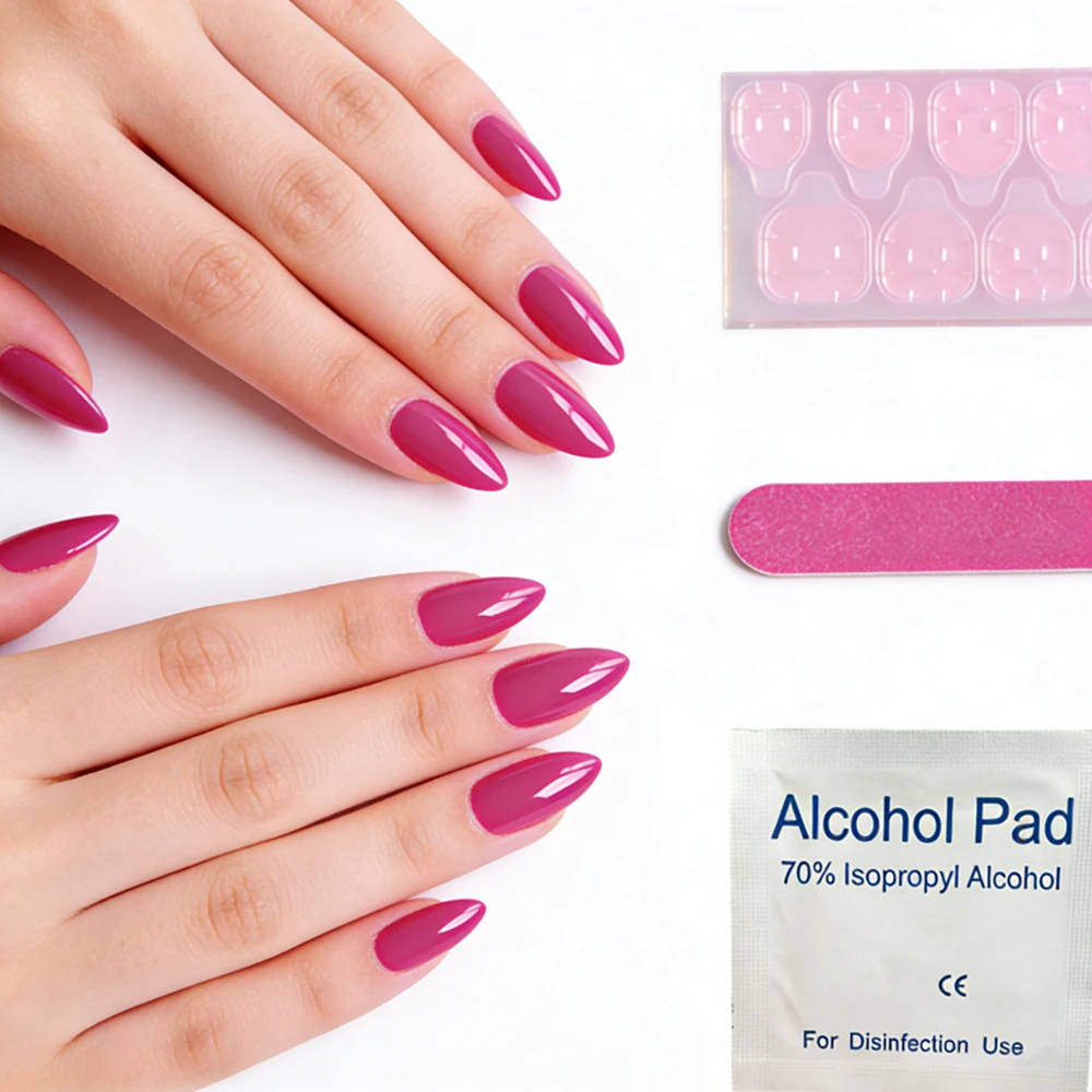 

24PCS Almond Press On Nails Hot Pink Glossy False Nails Full Cover Acrylic Nail Tips for Women Daily Wear