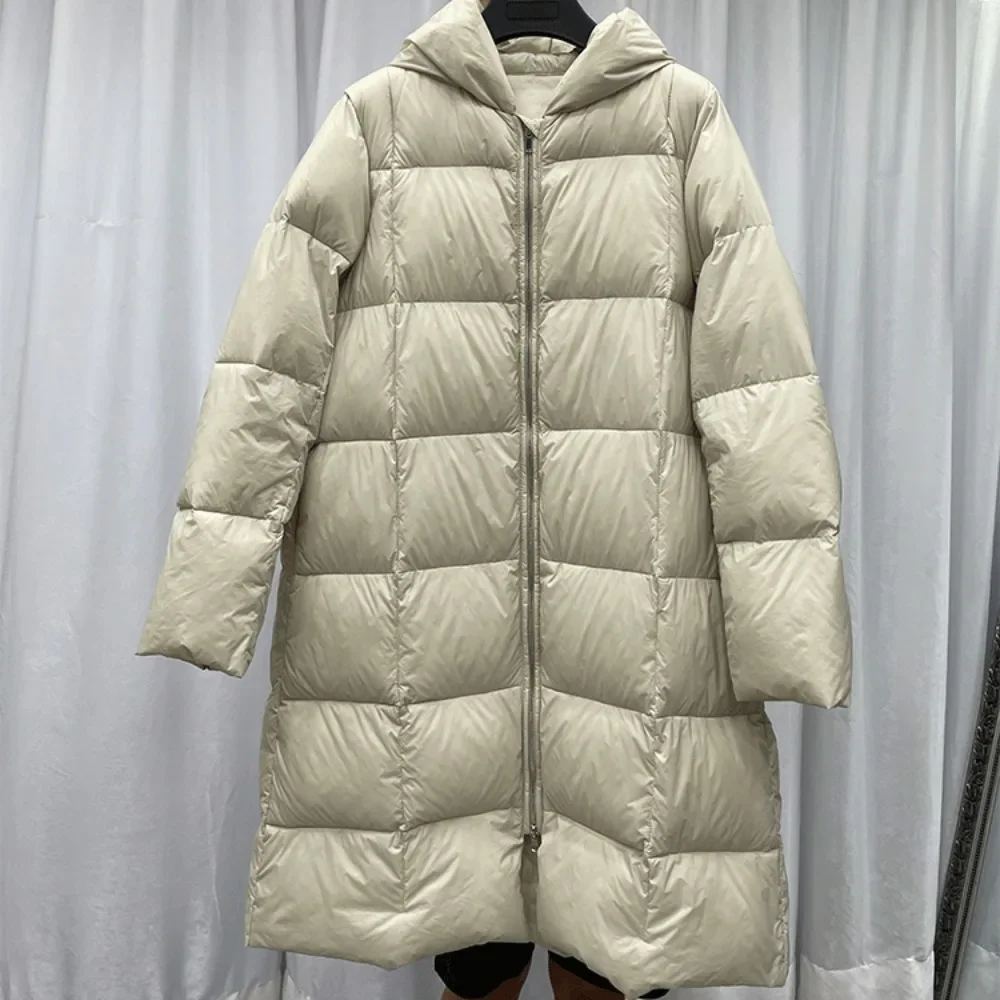 Vintage Women Hooded 90% White Duck Down Jacket Loose Casual Thicken Down Jacket 2024 Winter Solid Color Double Zipper Down Coat