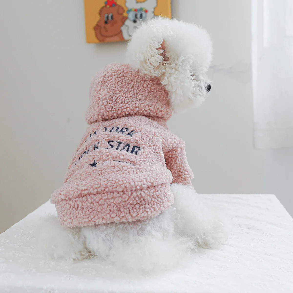 1PC Pet Clothing Autumn/Winter Thick Plush Pink Hat New York Starlight Coat Suitable for Small and Medium Dogs