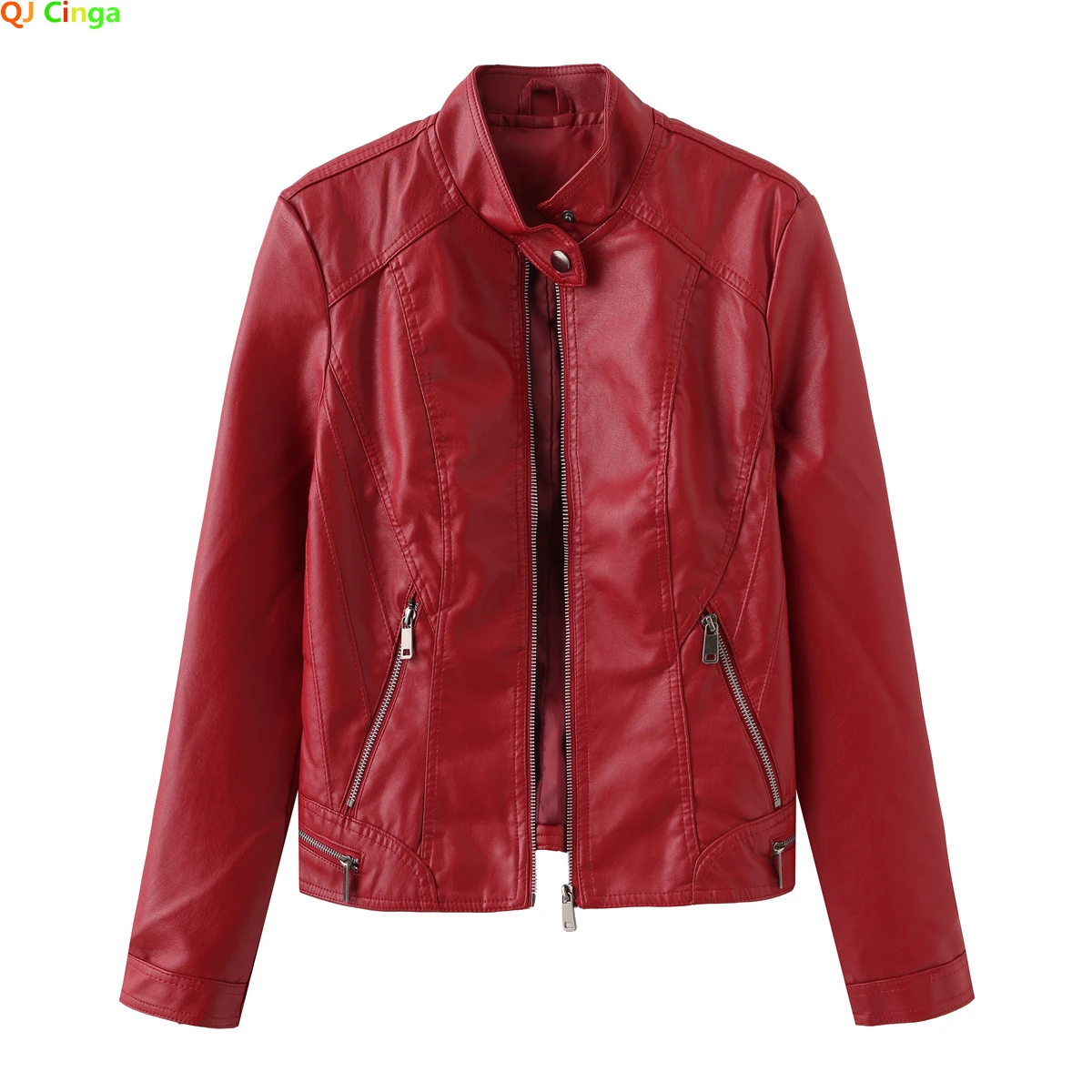 Veste en cuir décontractée pour femme, manches longues, fermeture éclair, col montant, manteau en PU, rouge, noir, vert, chameau, printemps, automne