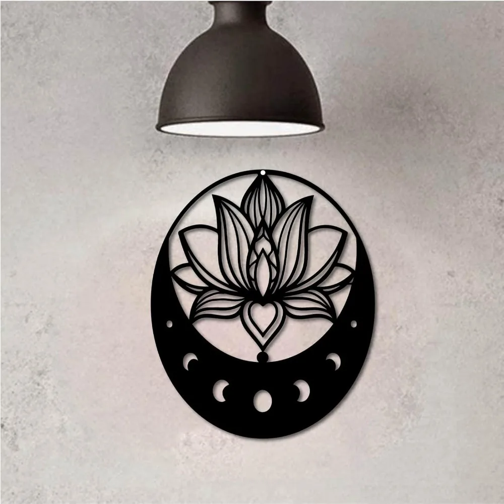 CIFBUY Metal Wall Art Lotus Moon Flower Meditation Silhouette Iron Plaque Indoor Outdoor Home Garden Office Decor Gift Black