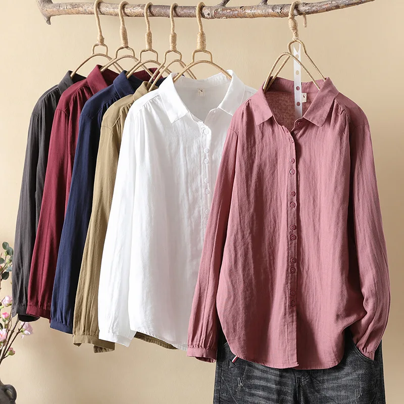 Cotton Yarn Dark Red Shirts Women Japan Style Autumn Skin-Friendly Casual Long Sleeve Shirt Blouse Soft Backing Shirt