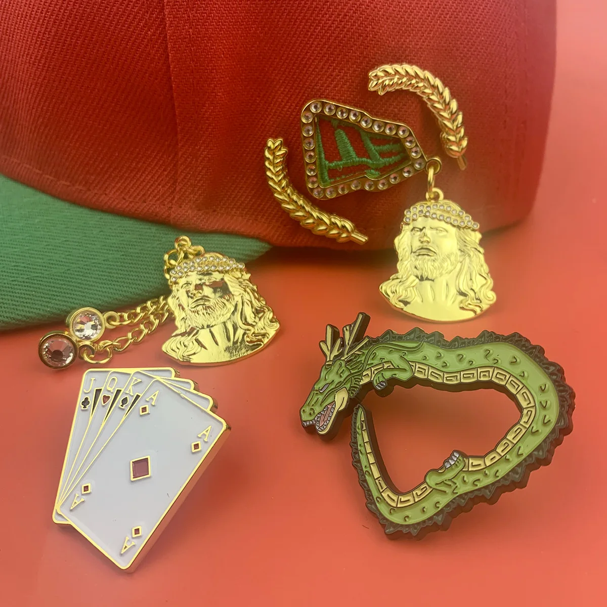 In Stock Chinese Dragon Hat Badge, Metal Hat Pin Poker Wheat Ear Brooch Hip Hop Rhinestone Hat Chain & Hat Charm Decor