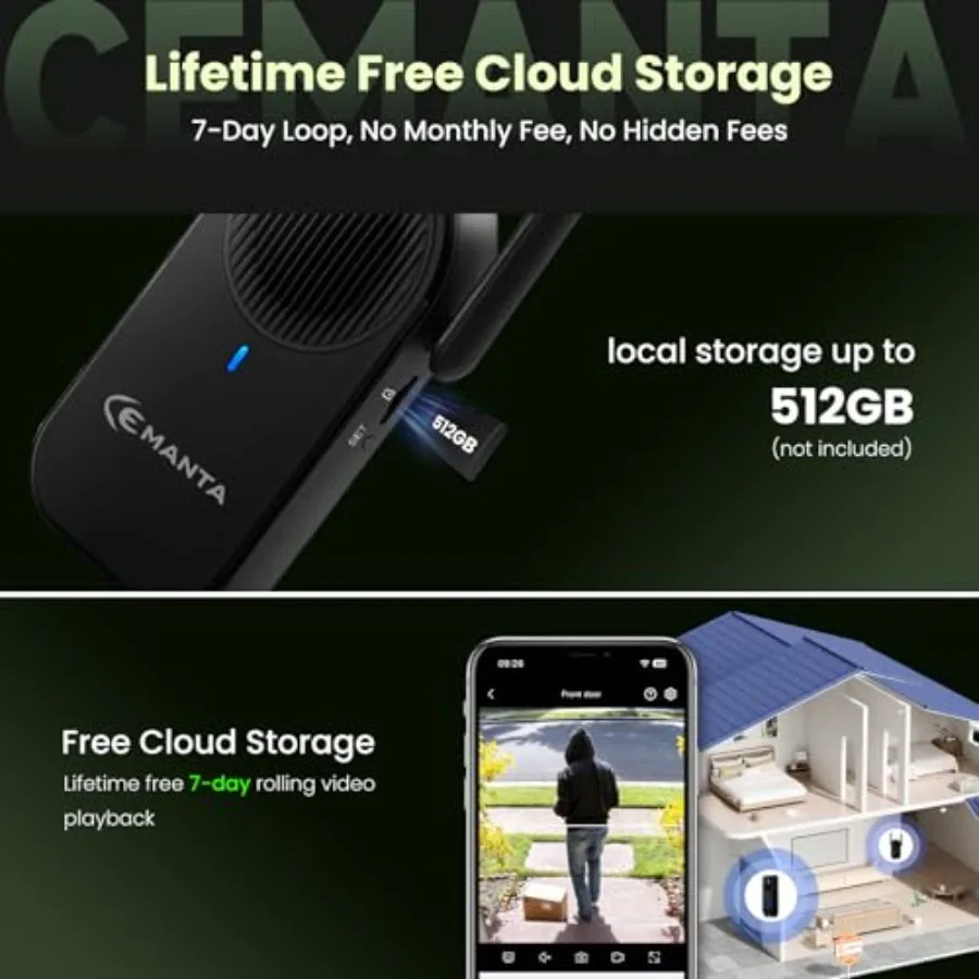 Wireless 2K video doorbell camera for home security: aluminum body, matte black, dual-cam with 190 view, WiFi6, night vision, 2