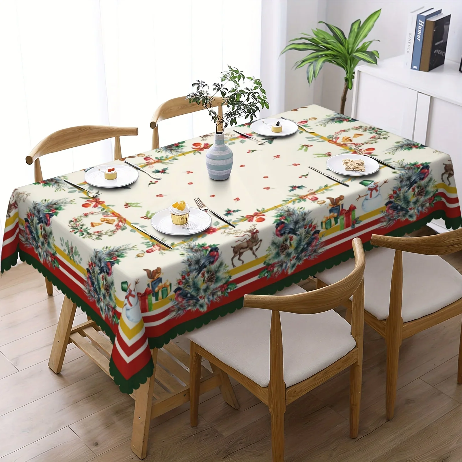 Merry Christmas Tablecloth Pine Tree Colorful Butterflies Snowman Pattern Table Cloth Holiday Desktop Decoration Home Decor Gift