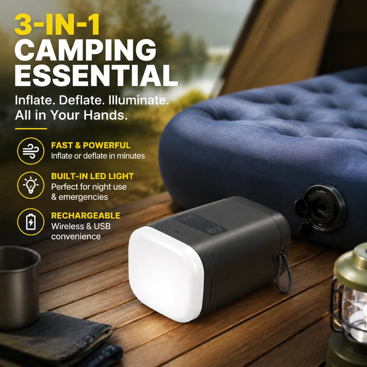 Mini Electric Inflatable Pump 3-in-1 with Lights, Wireless Air Compressor for Inflate & Deflate, USB Rechargeable Camping