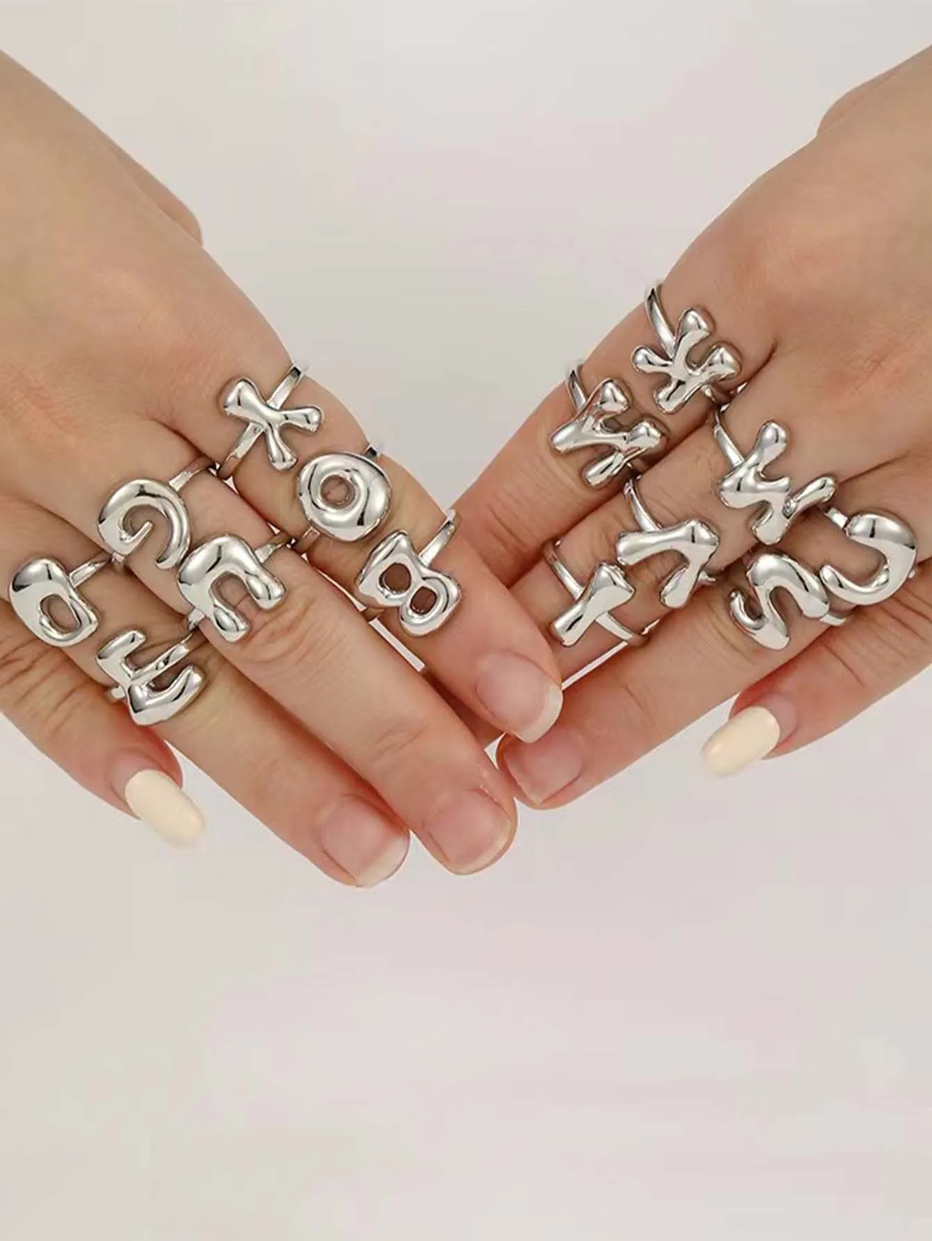 Fashion Chubby Balloon Font Initials Letter Silver Color  Smooth Surface Double Layer Alphabet Aesthetic Adjustable Ring Jewelry