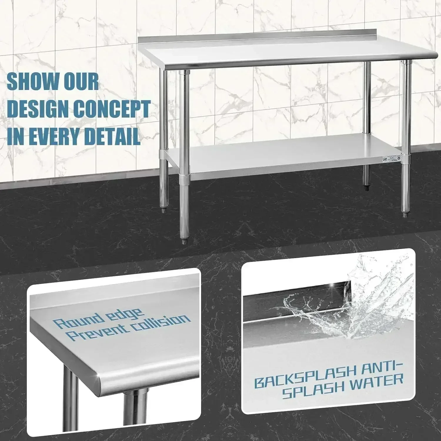 Stainless Steel Table for Prep, NSF Commercial Heavy Duty Table with Undershelf and Backsplash for Restaurant