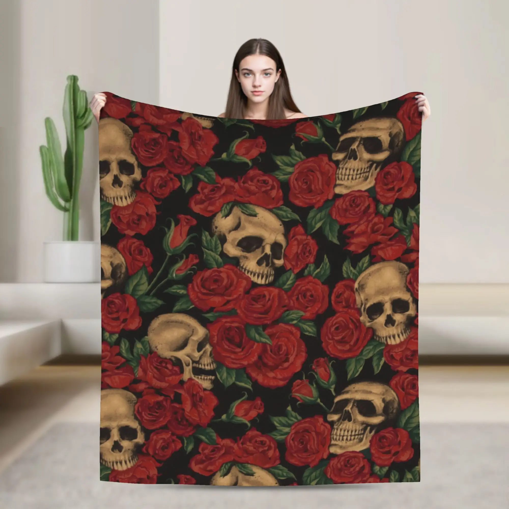 Floral Skull Knitted Blankets Roses Retro Wool Throw Blankets Bedroom Sofa Portable Lightweight Bedspreads