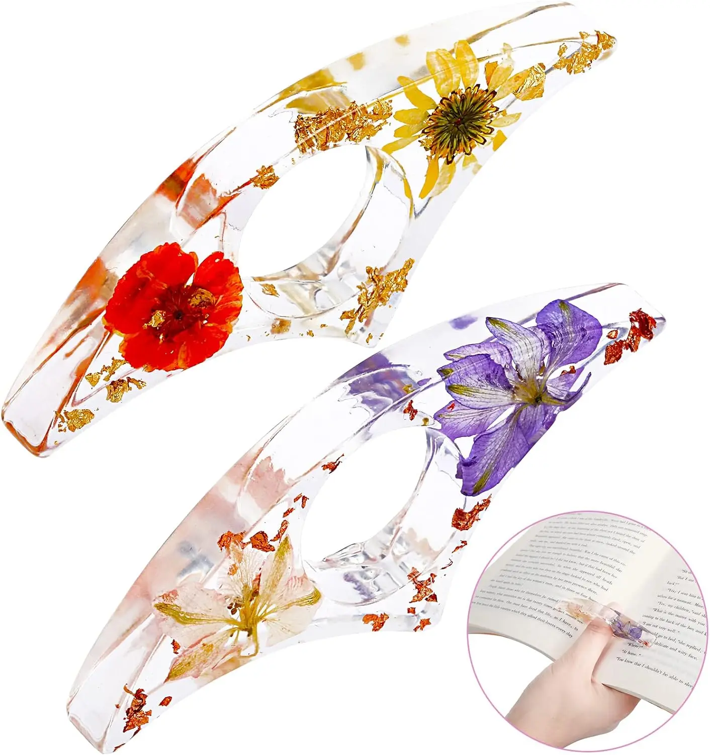 

2 Pcs Dried Flower Resin Book Page Holder Transparent Thumb Ring Bookmark Reading Accessories Gift for Teachers Book Lovers