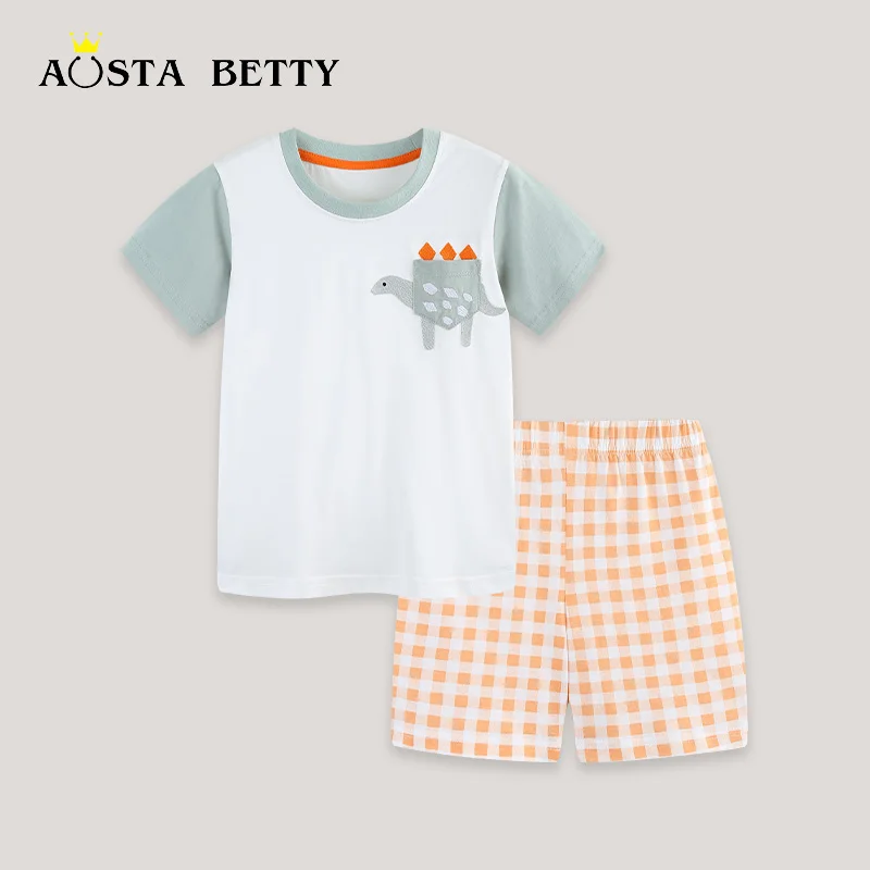 Western-style cartoon dinosaur print short-sleeved set 26 summer new plaid shorts set source factory children's clothing
