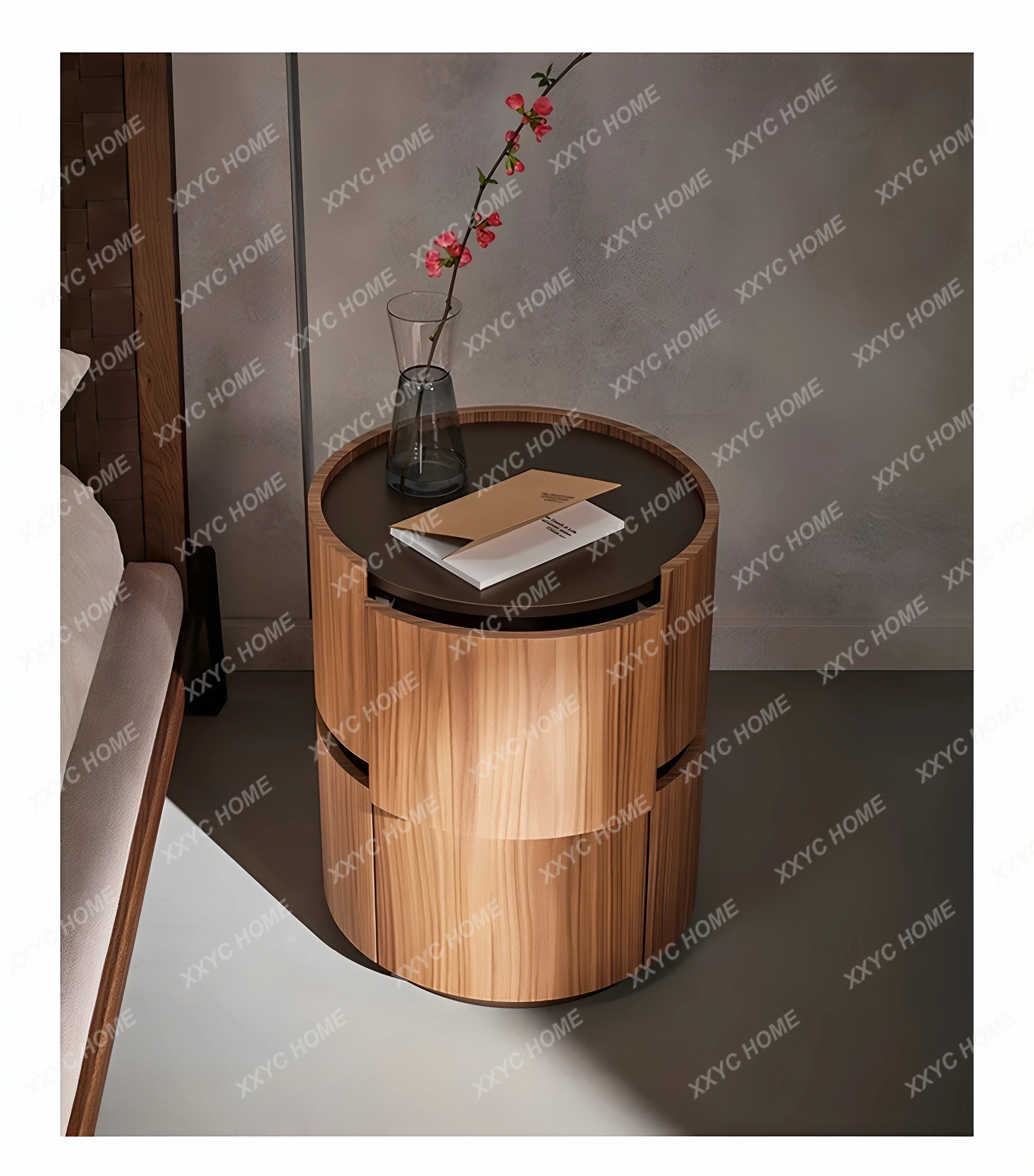

Lminimalist solid wood bedside table round retro simple bedroom cabinet new high-end modern storage cabinet