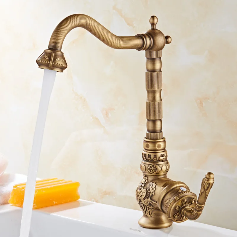 Kitchen Faucet Vintage Antique Hot Cold Rotating Bathroom Sink Carved Basin Mixer Tap Solid Brass