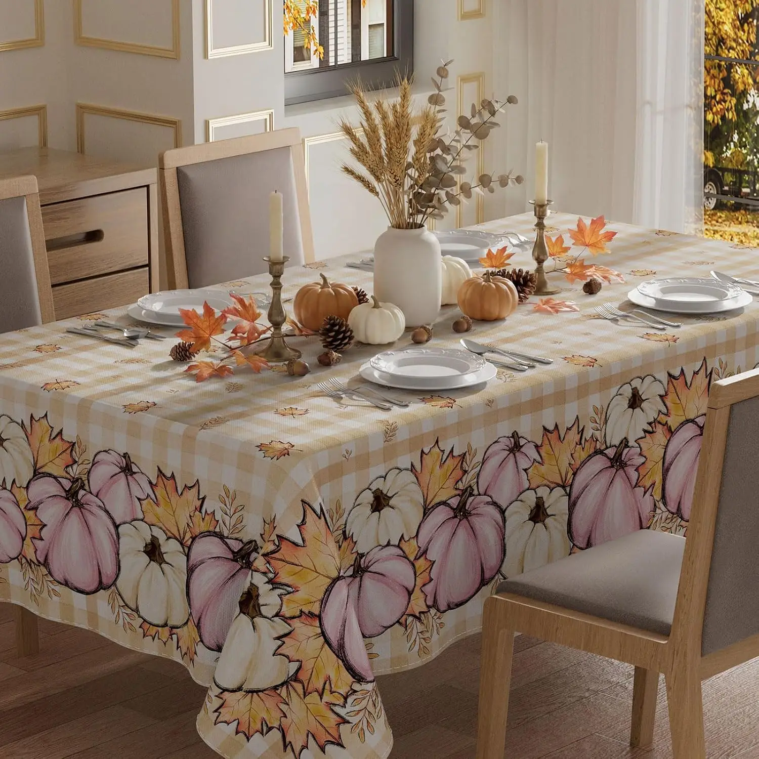 Fall Harvest Pumpkin Maple Leaf Rectangle Tablecloth for Table Decor Reusable Kitchen Dining Tablecloth Autumn Decorations