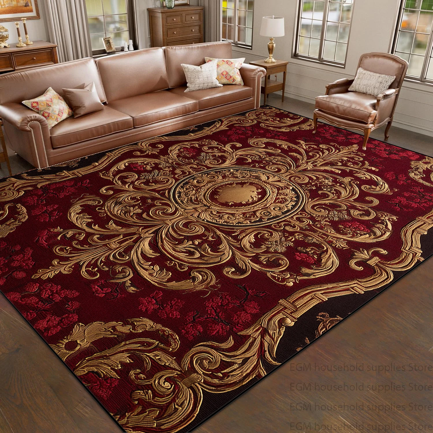 Vintag Red Golden E European Floral Flannel Carpet Large Living Room Luxury Home Decor Rug Anti-slip Washable Bedroom Floor Mats