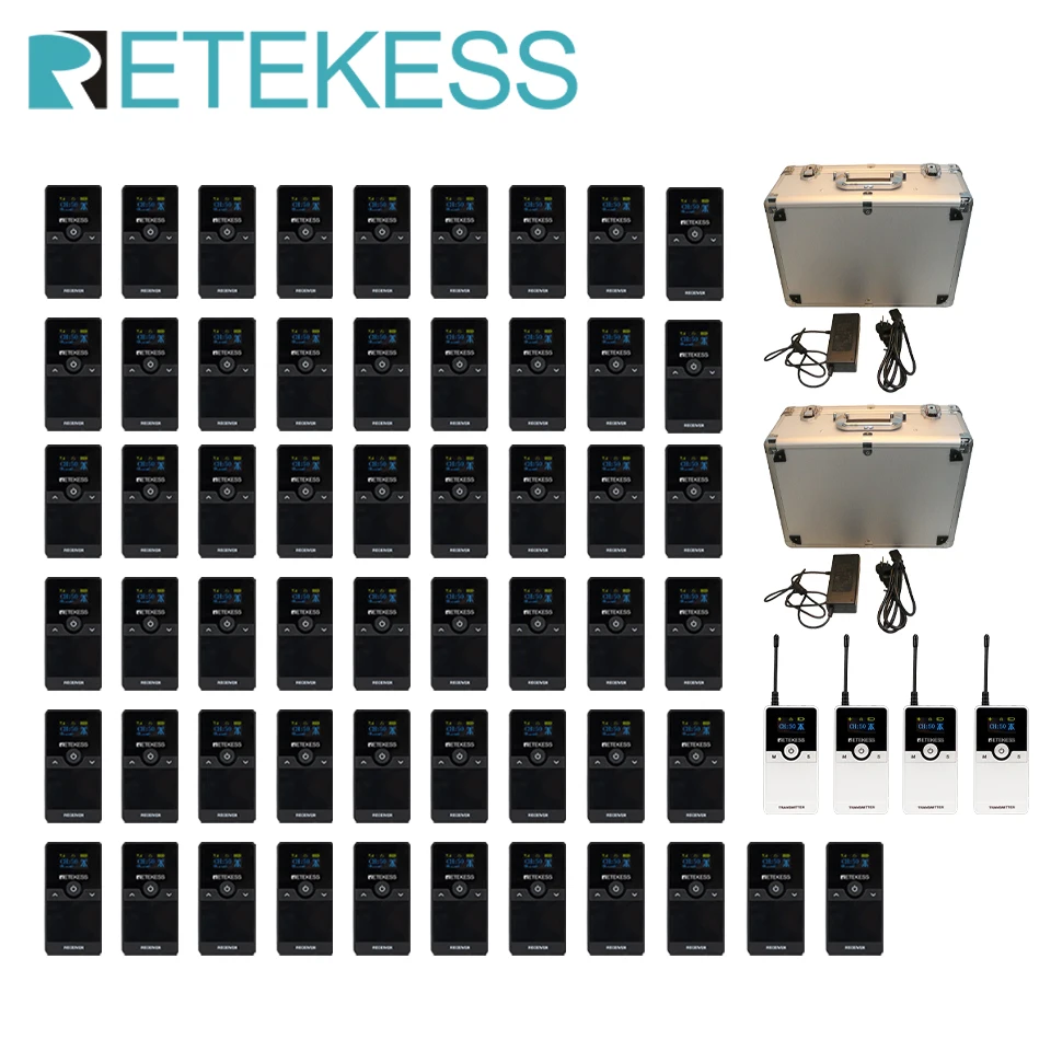 

Retekess TT116T Wireless Tour Guide System 4 Transmitters 56 Receivers Charging Case For Church Factory Training Excursion