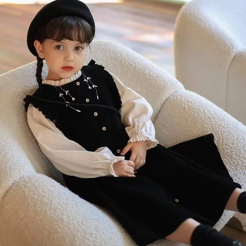 Girls' 2025 New Arrival Dress Set - Vest & Corduroy Long Sleeve Shirt Combo, Chic & Stylish for Spring/Autumn, 4-12 Years Old