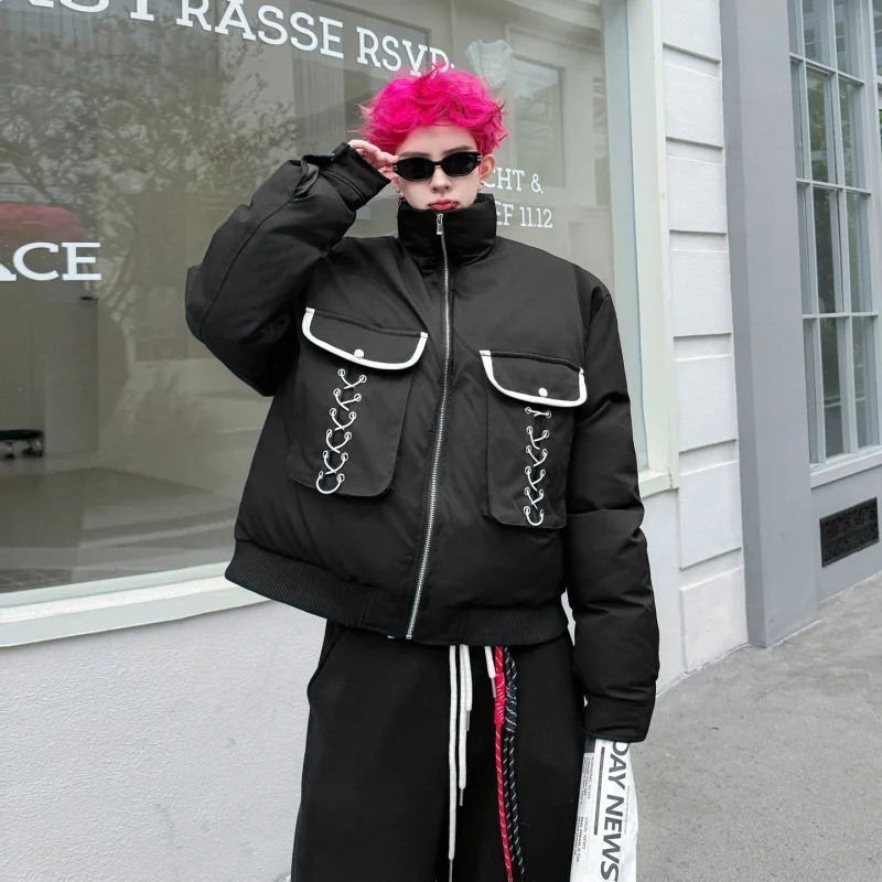 

Winter New Men's Thiened Cotton Jaet Pure Color Stand Collar Zipper Closure Belted ort Sle Korean Trend Casual Coat