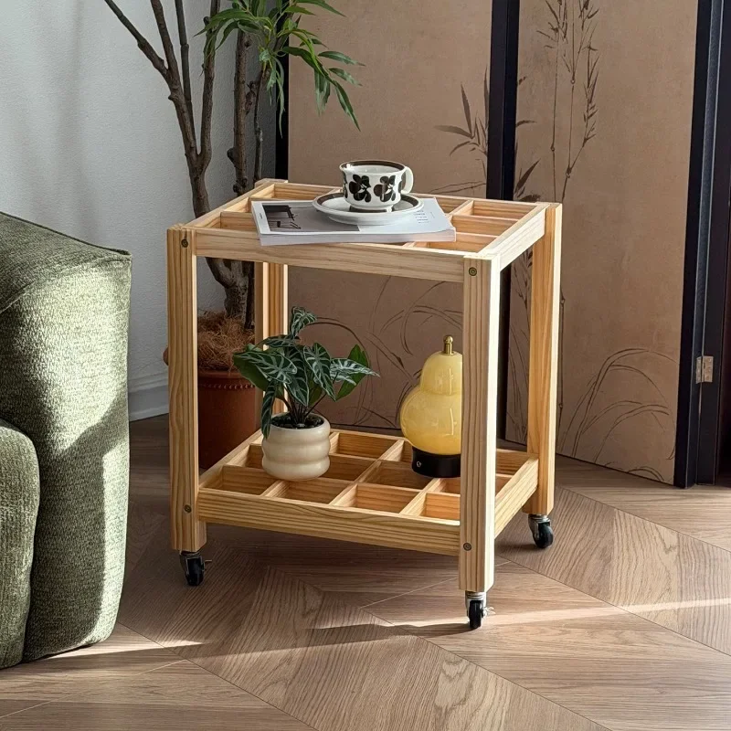 Movable storage cart with wheels, simple all-solid wood, living room, sofa side, log wind rack