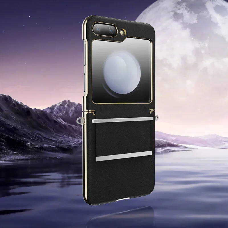 For Samsung Galaxy Z Flip 5 5G Case Luxury Hand Strap Skin Friendly Matte Leather Adjustable Folding Hinge Shockproof Hard Case