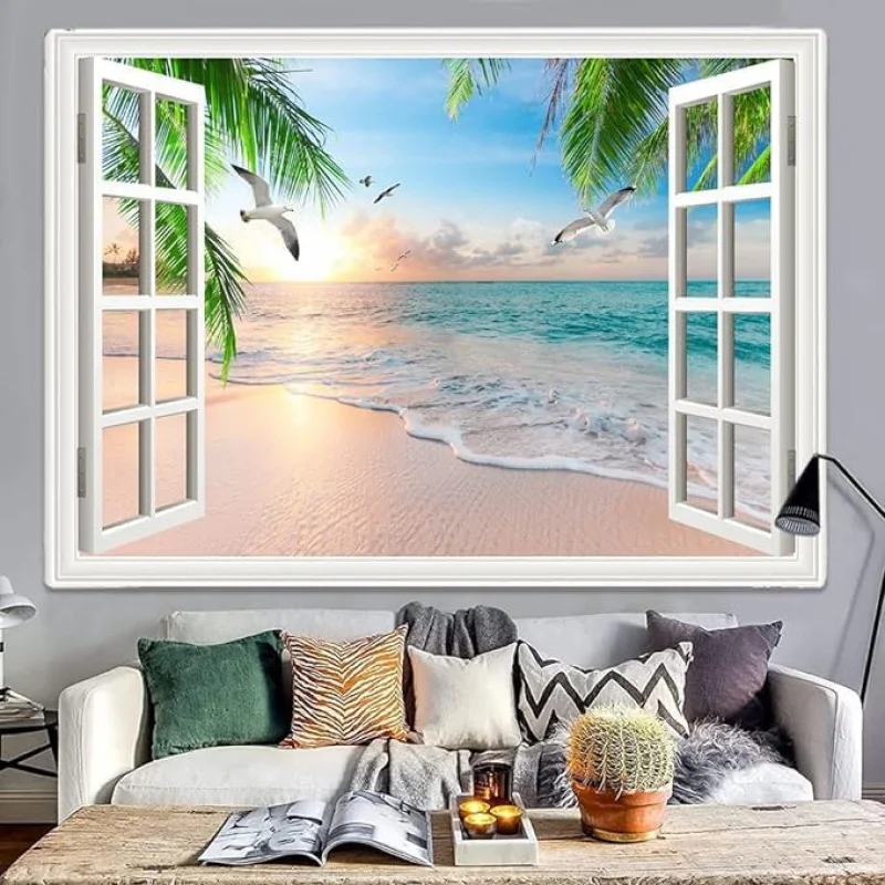Nature Landscape Tapestry Cozy Outside Window Tropical Palm Tree Beach Sea Mew Sunset Scenery Tapestry Wall Hanging