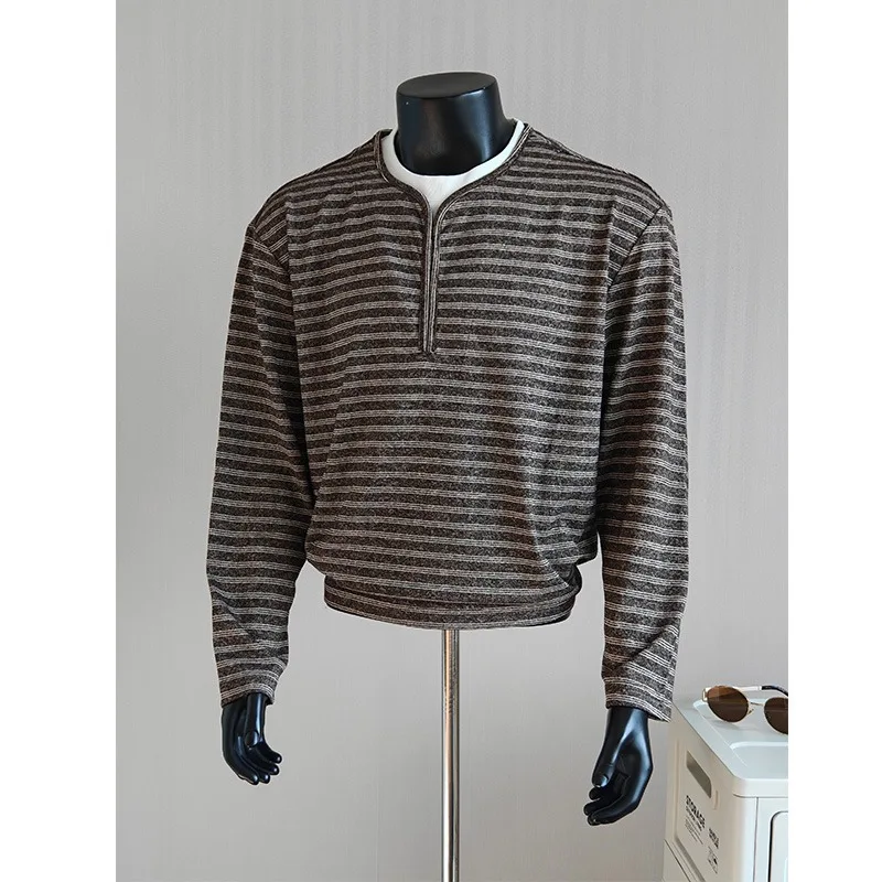 Autumn Men Striped Long Sleeve T‑Shirt Fake Two‑Piece Henley Neck Loose Casual Tshirts Business Social Streetwear Basic Tops