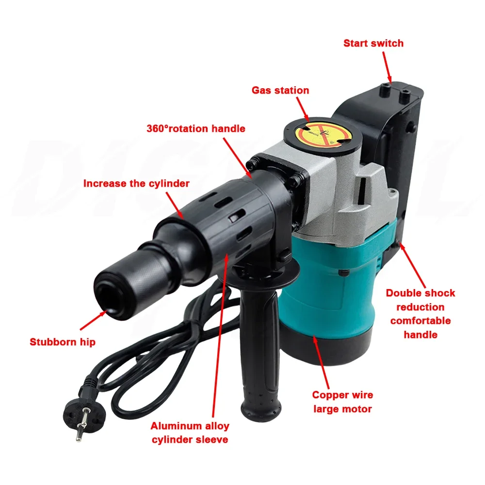 1200W Electric Rotary Hammer 220V Drill Swivel Adjustable Speed Drilling With Chisel Flat Bit Set for Wall Demolition