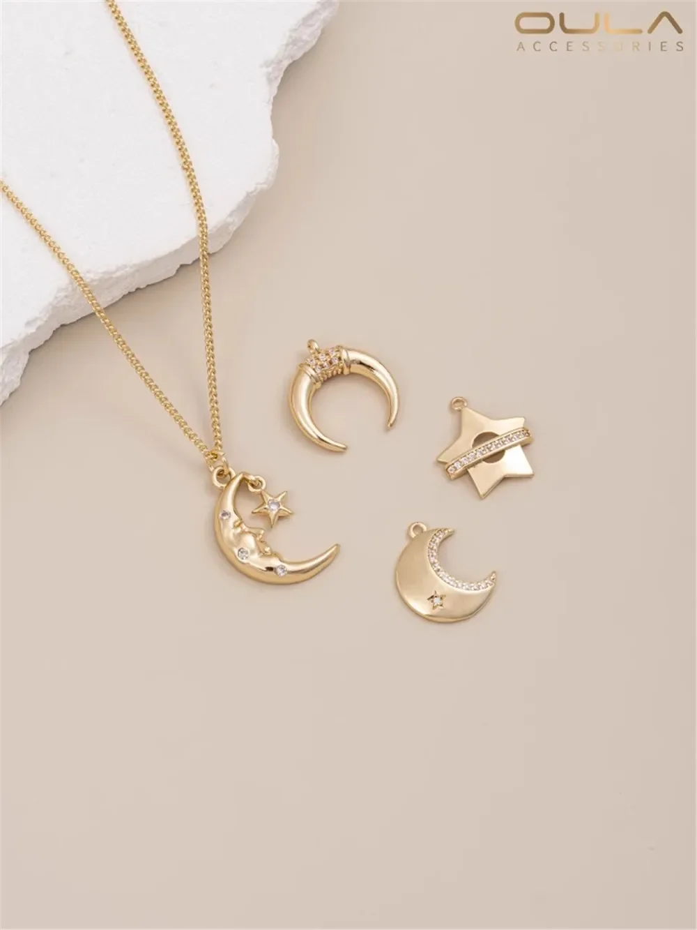 

14K Gold-Color Plated Micro Inset Zircon Star Moon Pendant Pentagram Star Moon Pendant Diy Bracelet Necklace Jewelry Hanging